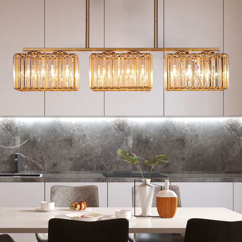 Gold 4/6/8 Bulbs Pendant Lighting Contemporary Metal Linear Island Lamp with Clear Cuboid Crystal Shade for Dinning Room
