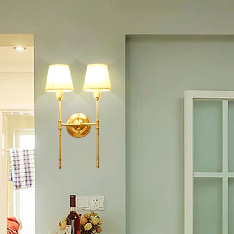Fabric Empire Shade Wall Lighting Fixture Simplicity Bedroom Wall Sconce Lamp with Elongated Arm in Gold