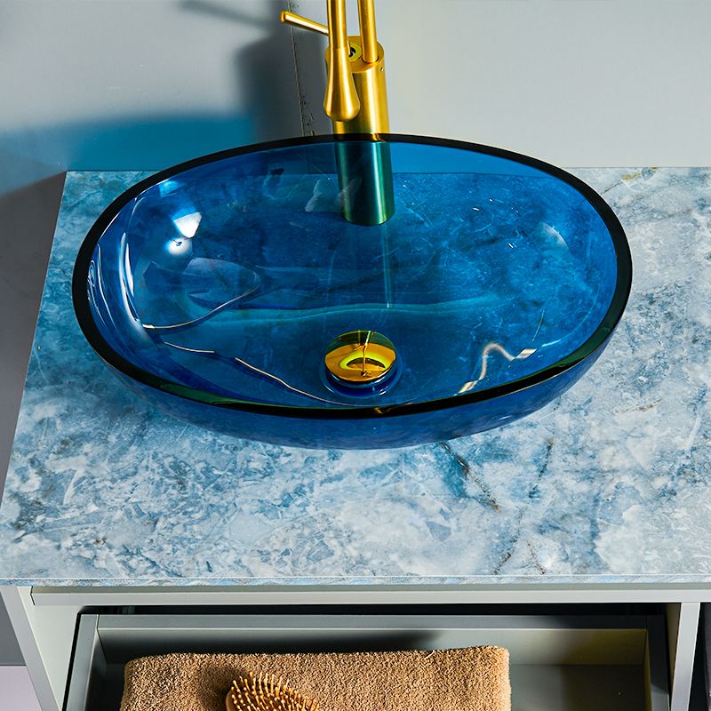 Modern Vessel Sink Oval Glass with Pop-Up Drain and Faucet Vessel Bathroom Sink