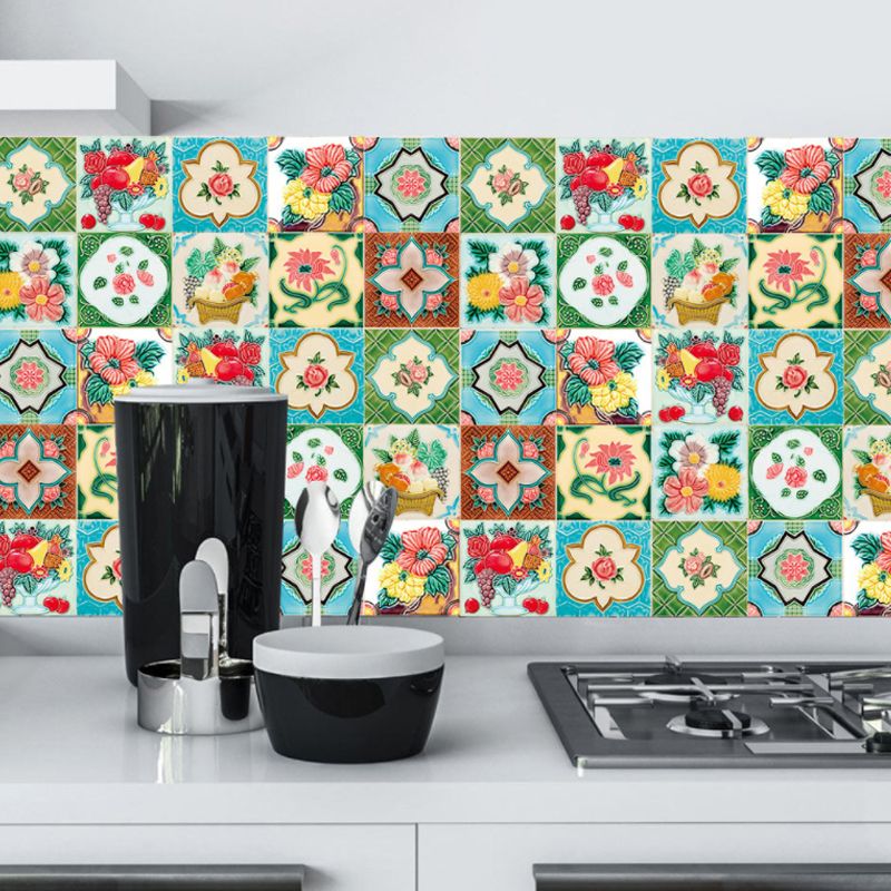 Countryside Flowers Wallpaper Panels 10 Pieces Green Stick On Wall Covering for Dining Room