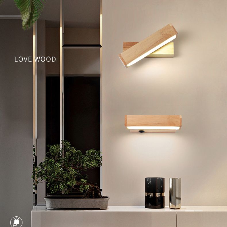 Modern Minimalist Style Rectangular Wall Mounted Light Fixture Wood Sconces for Bedroom