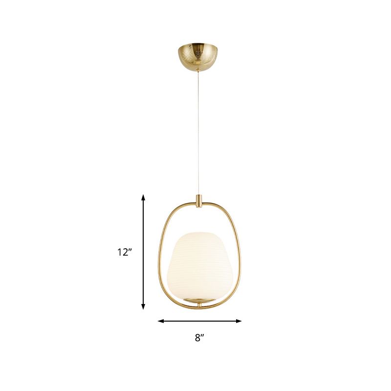 Oval Dining Room Pendant White Glass 1 Light Modern Hanging Lamp Fixture in Gold with Iron Ring