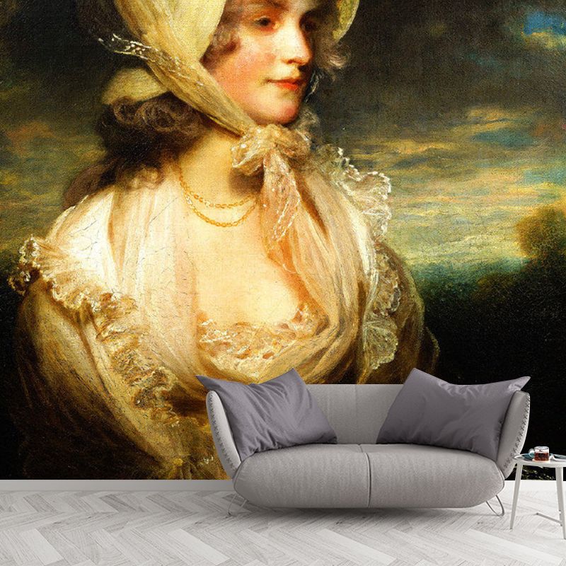 Full Elegant Lady Wall Art in Beige and Yellow Non-Woven Mural Wallpaper for Bedroom, Custom-Made