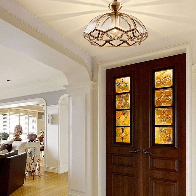 Shaded Aisle Semi Mount Lighting Vintage-Style Glass Brass Ceiling Mounted Light