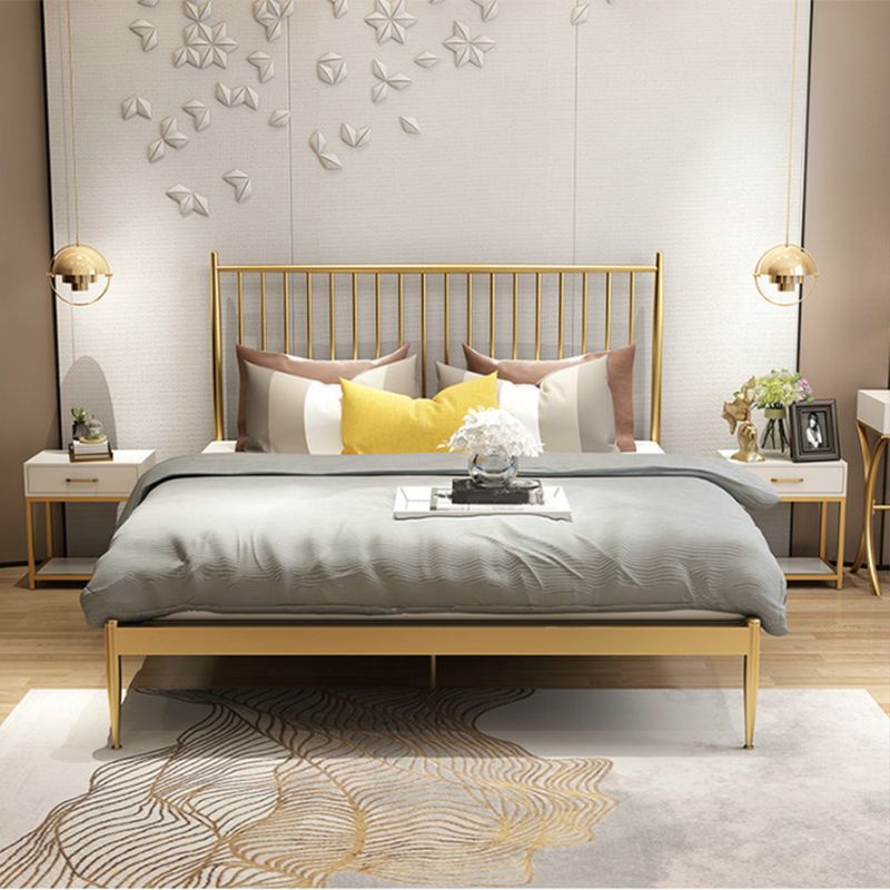 Golden Finish Metallic Open-Frame Bed Glam Wire-Grid Iron Bed Frame with Headboard