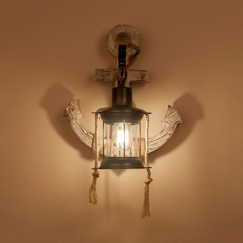 Clear Glass Black Wall Mounted Lamp Kerosene 1 Head Industrial Style Wall Lighting Ideas with Wood Anchor Backplate