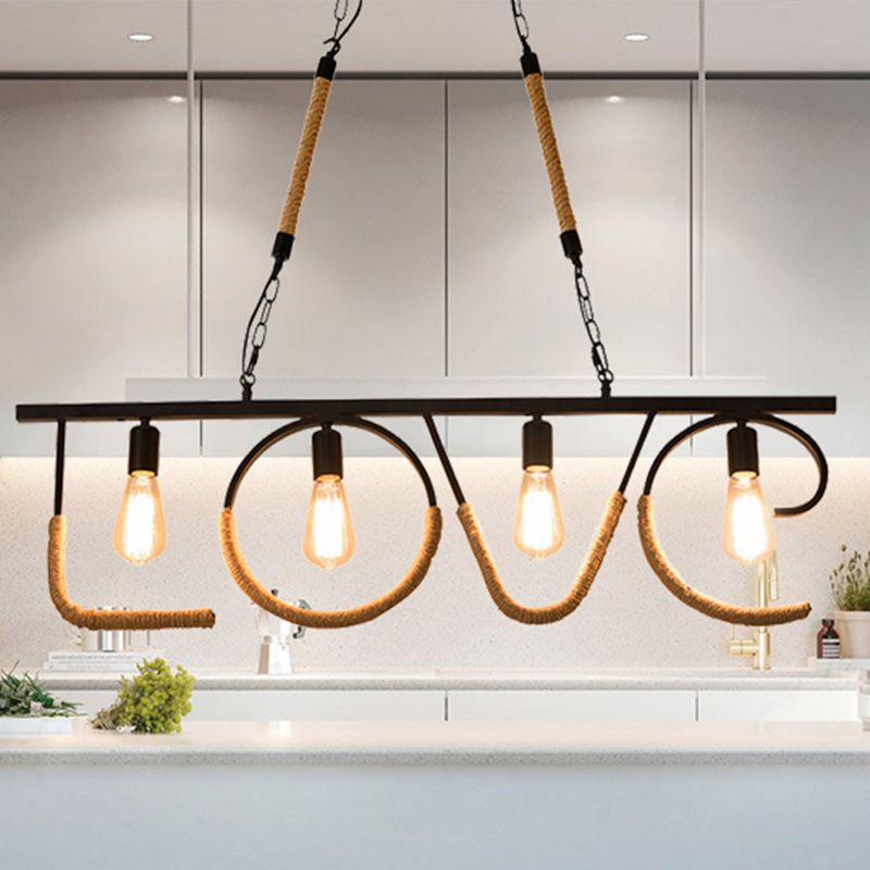 Open Bulb Metal and Rope Island Lamp with LOVE Design Industrial 4 Bulbs Restaurant Island Lighting in Beige