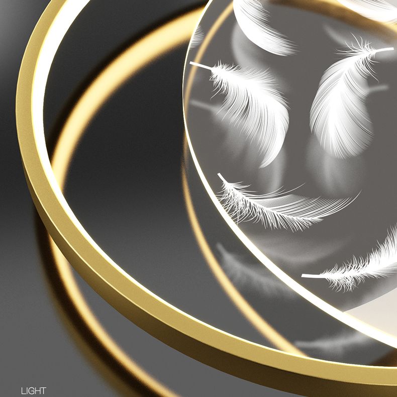 Modern Creative Circular LED Ceiling Light Wrought Iron Feather Flush Mount with Acrylic Shade