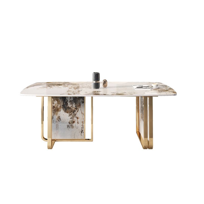 Glam Rectangle Stone Dining Table Metal Bases for Living Room
