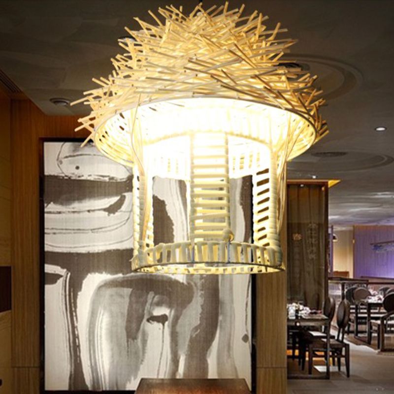 1 Bulb Handcrafted Pendant Lighting Japanese Bamboo Ceiling Suspension Lamp in White