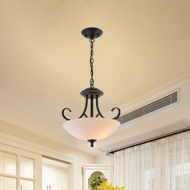 3-Bulb Bowl Pendant Chandelier Classic White Frosted Glass Hanging Light Kit with Scroll Arm