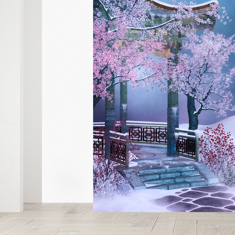 Illustration Style Pavilion Mural Decal for Dining Room, Pink, Custom Size Available