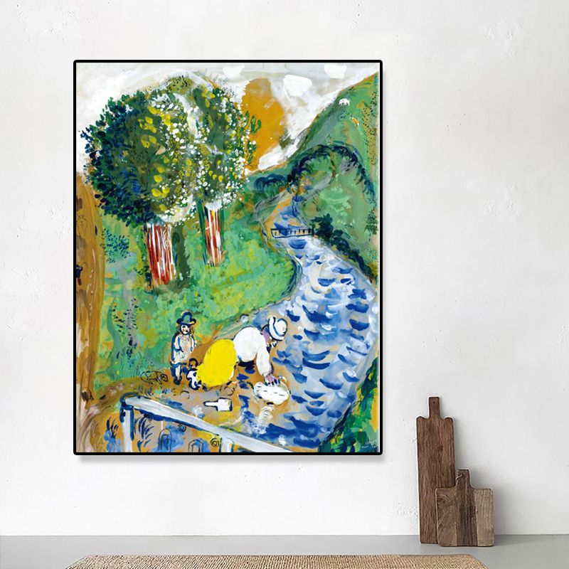 Fluss- und Berg-Leinwandkunst, Vintage-Wohnzimmer-Wanddekoration in Grün, verschiedene Größenoptionen