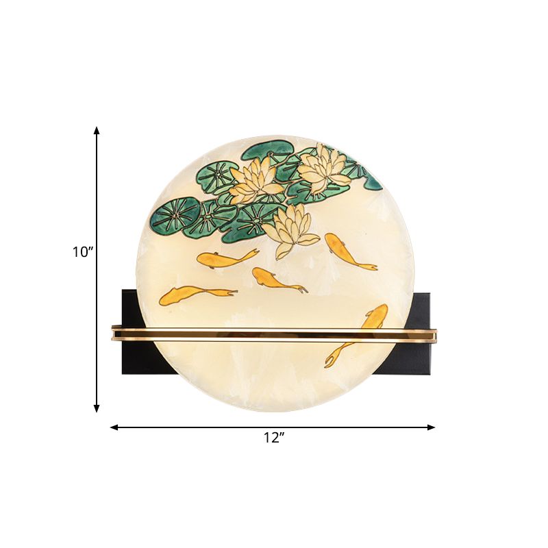 Black Rounded Wall Mural Lamp Oriental Style LED Acrylic Wall Mounted Light with Elk Deer/Fish Pattern