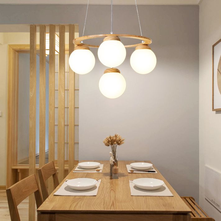 Wooden Circle Chandelier Nordic Style Hanging Light with Ball White Glass Shade