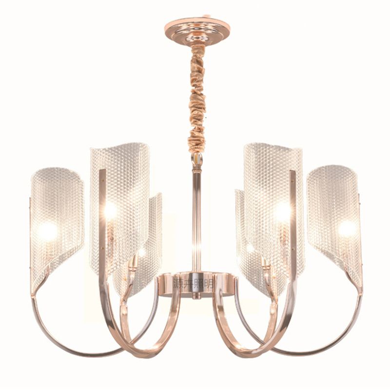 Araña de araña de estilo posmoderno de oro rosa con textura de diamante de brazo de ángulo ajuste de iluminación de sombra acrílica para sala de estar