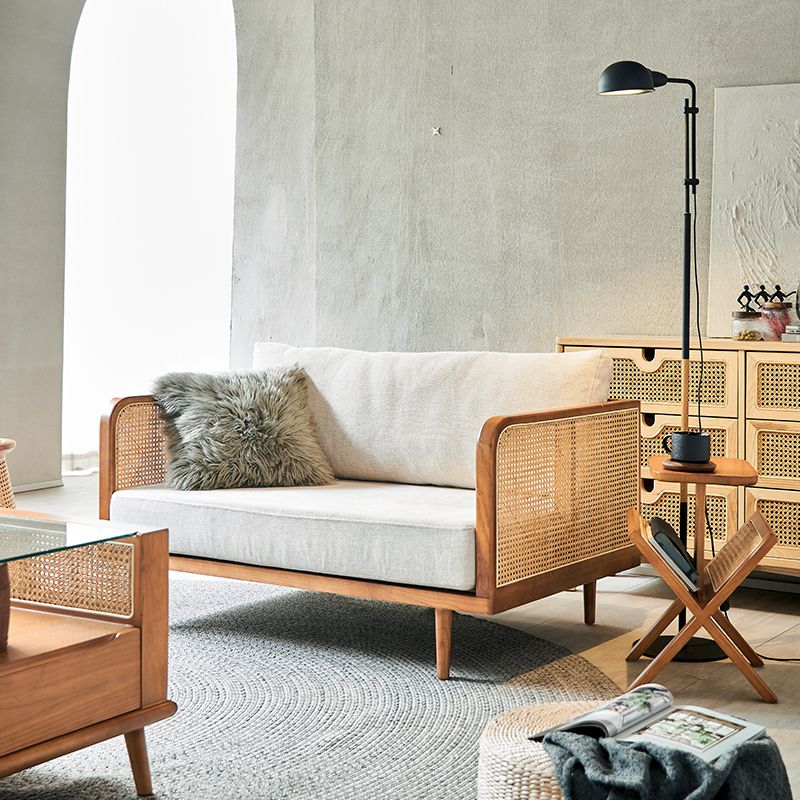 25.59" High Linen Sofa White Tuxedo Arm Sofa with Loose Back in Solid Wood