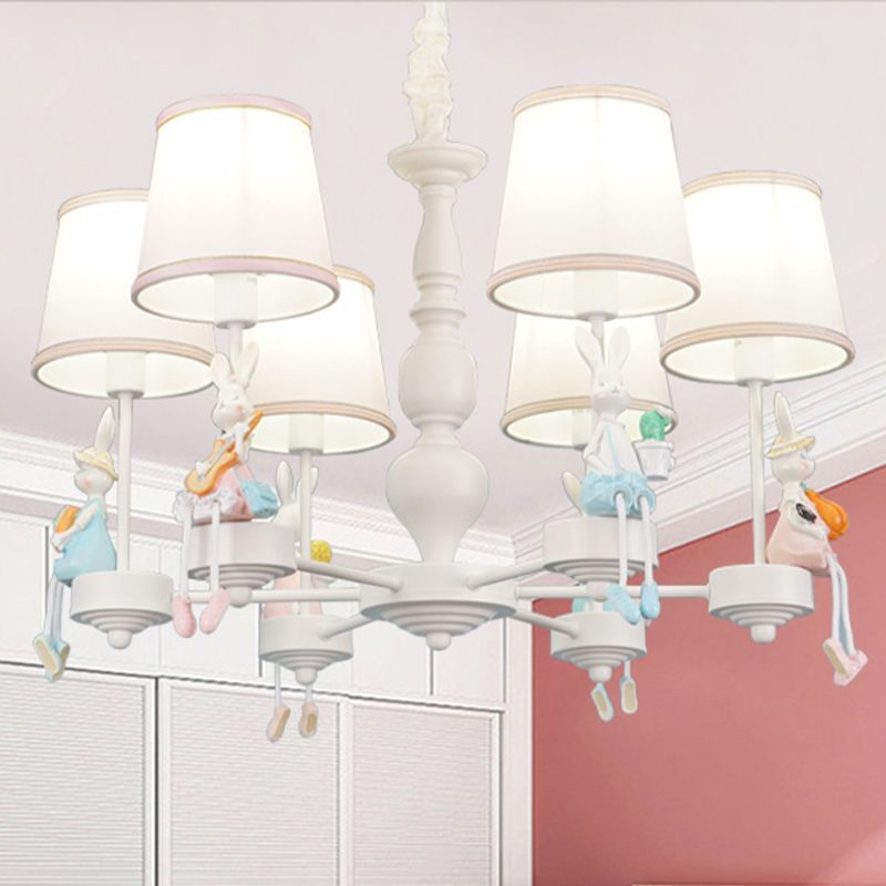 Cartoon Rabbit Resin Pendant Chandelier Kids 5-Head White Hanging Lamp with Tapered Fabric Shade