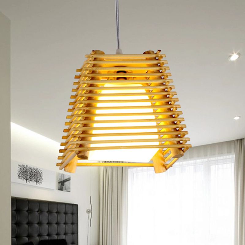 Colgante de suspensión trapezoide de madera japonesa de madera de 1 luz de madera luz colgante con sombra de vidrio blanco para dormitorio