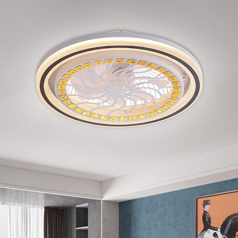 21.5' W LED Crystal Blocks Hanging Fan Lamp Contemporary White Round Dinning Room Semi Flush Light with 7 Blades