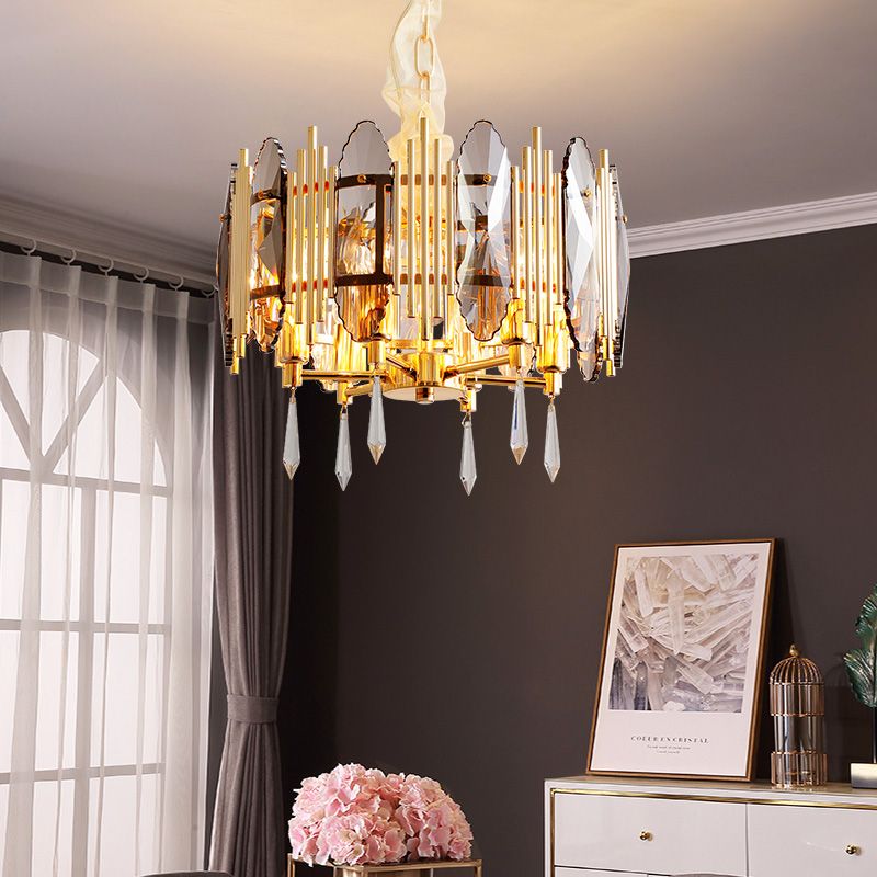Crystal Block Gold Kroonluchter Lichte armatuur Ronde 6 koppen Traditionele hanglamp