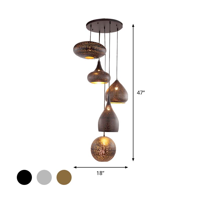 Verouderde uitgeholde hangende licht 5 koppen ijzeren cluster hanger lamp in zwart/zilver/messing met ronde luifel