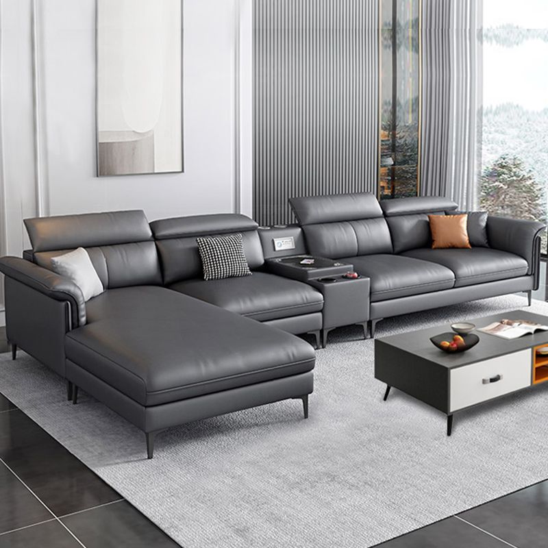 Dark Gray Modern Pillow Top Arm Sectional with Removable Cushions for Living Room