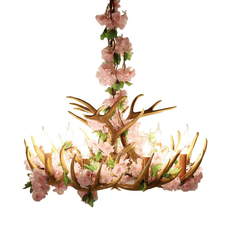 Candle Living Room Hanging Lamp Rustic Resin 4/6/12 Bulbs Pink/Green Chandelier Pendant Light