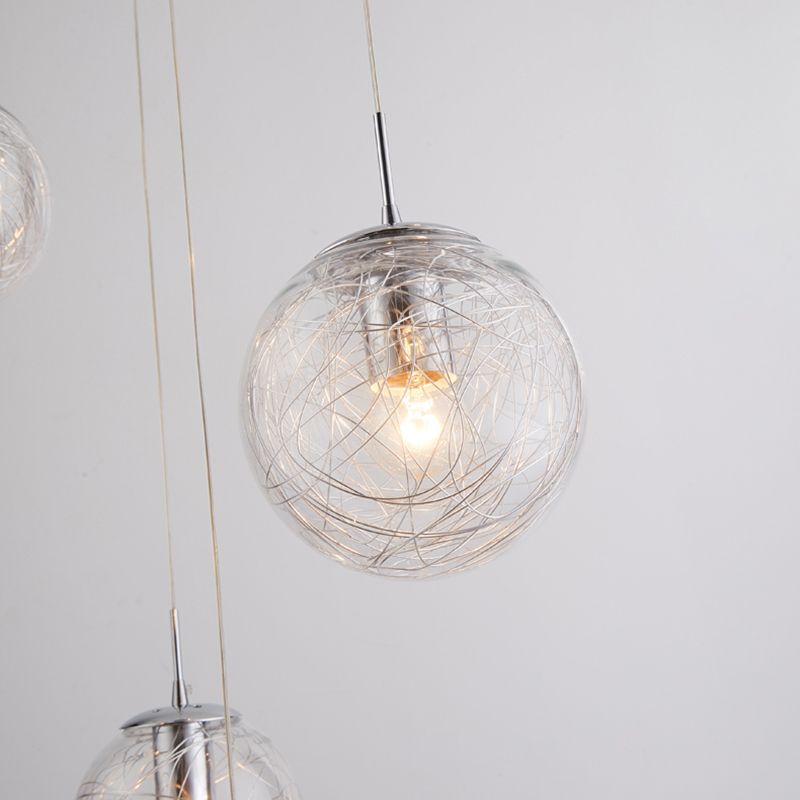 Silver Pendant Light in Modern Luxury Style Stainless-Steel Globe Hanging Lamp for Stairs