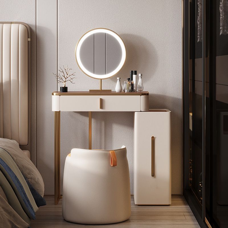 Luxurious Glass Vanity Table with Mirror & Stool 3 Drawers Beige Dressing Table