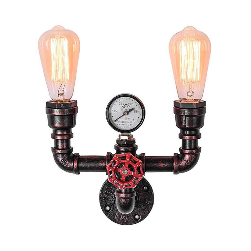 Antique Copper Water Pipe Wall Lighting with Pressure Gauge Rustic Iron 2/3 Heads Restaurant Wall Mount Light