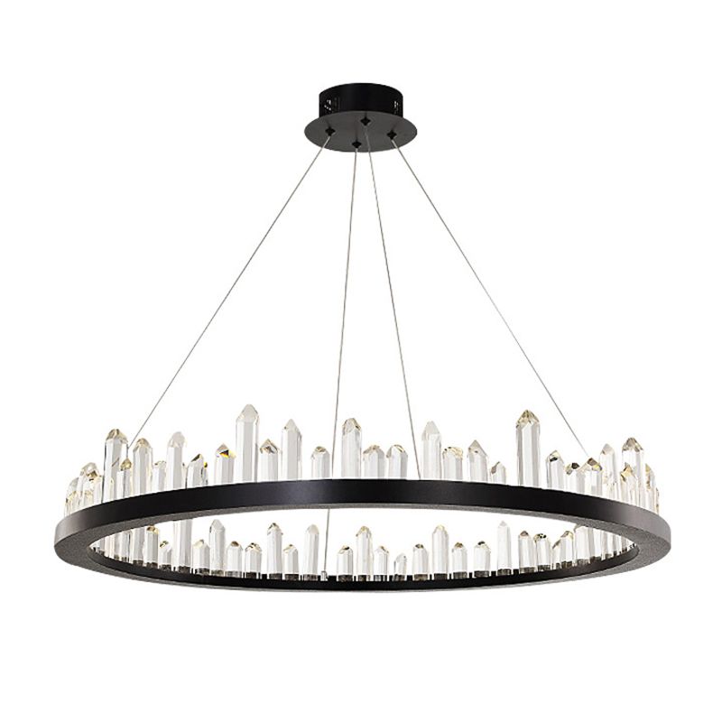 Minimalist Ring-Shape LED Chandelier Crystal Stick Living Room Hanging Light in Black
