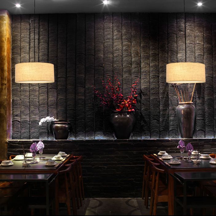 Restaurant Hanging Lamp Fixture Modern Minimalist Pendant Light with Drum Fabric Shade