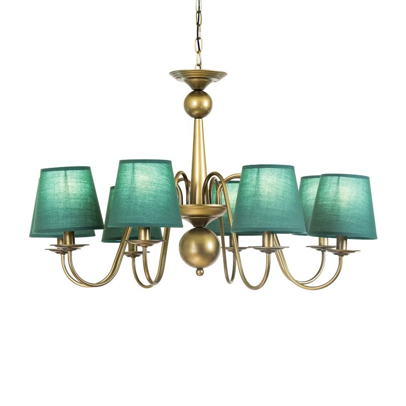 8-Bulb Tapered Chandelier Light Fixture Country Coffee/Yellow/Dark Green Fabric Down Lighting with Swooping Arm