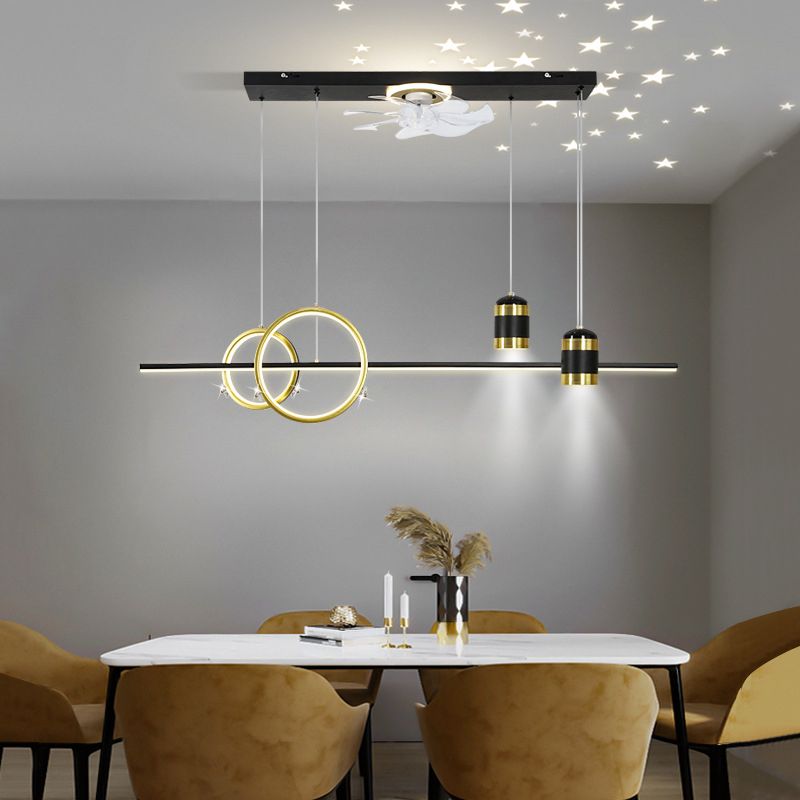 Geometric Island Lights Modern Metal Island Lamp with Fan in Black and Gold