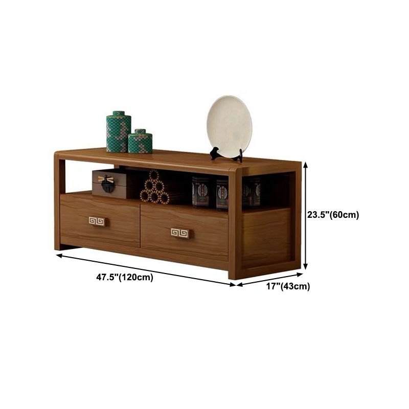 Brown Rubber Wood TV Stand Contemporary Style TV Cabinet with 2 Drawers