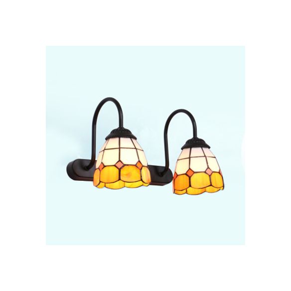 2 Heads Grid Patterned Vanity Lighting Baroque Blue/Yellow Glass Wall Mount Light Fixture