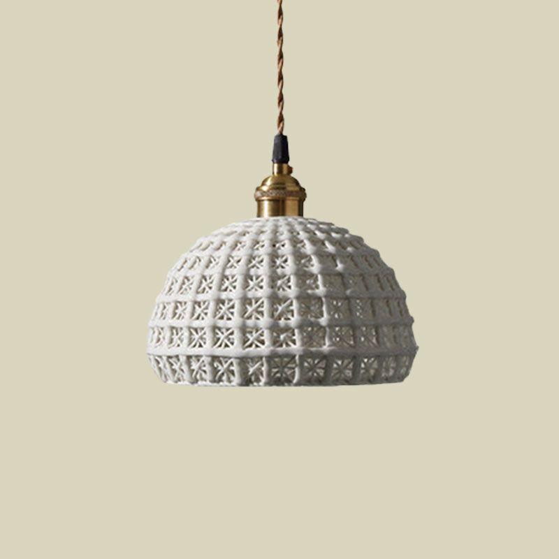 Nordic Grid Dome Hanging Lamp 6.5"/8" Wide Single Bulb Ceramics Pendant Light for Dining Room Corridor - White