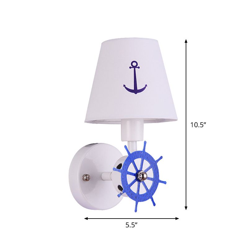 Fabric Tapered Shade Wall Light Sconce Kids Single Head White Wall Lighting with Rudder Decor