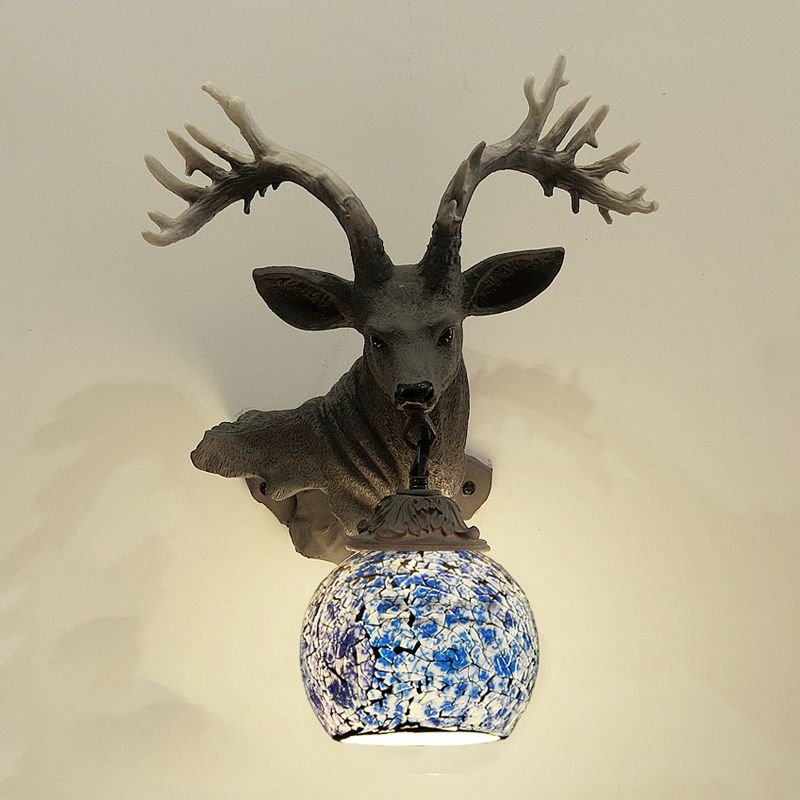 1 Light Wall Lighting Mediterranean Globe Stained Glass Sconce Light in Silver/White/Beige with Deer Head Deco