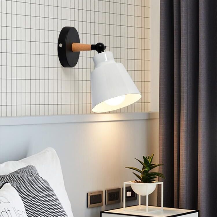Nordic Macaroon Style Sconce Lights Conical Metal Shade Single Bulb Wooden Wall Mount Lamp for Bedroom