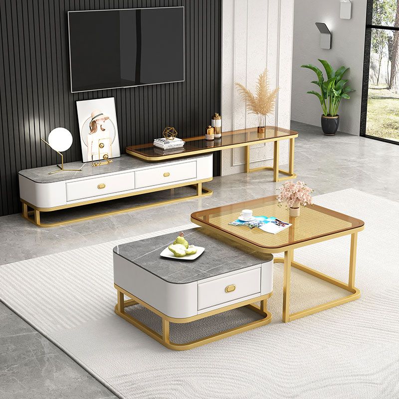 Square Coffee Table Frame Glass Top Coffee Table with Metal Legs