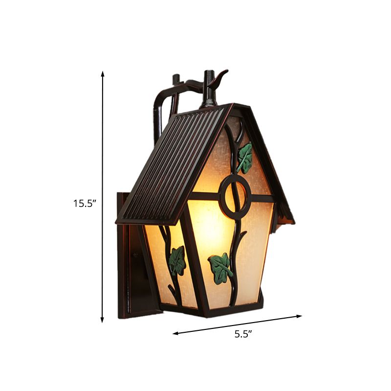 House White Glass Wall Sconce Rural 1-Light Outdoor Wall Light in Coffee with Leaf Design