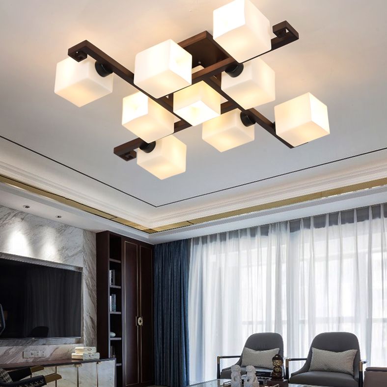 Rechteckholz halb Flush Mount Modern Moderne weiße Glasschatten Decke Spülhalterung für Restaurant