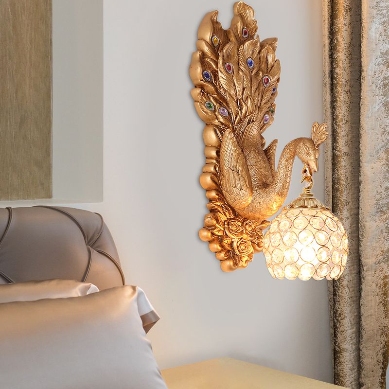 Dome Crystal Wall Mounted Light Antique 1 Light Bedroom Sconce Lamp with Blue/Gold/White Peacock Backplate