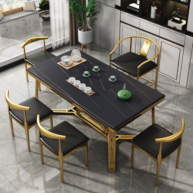 Mesa rectangular de lujo tradicional de metal, mesa superior de piedra sinterizada con base de caballete