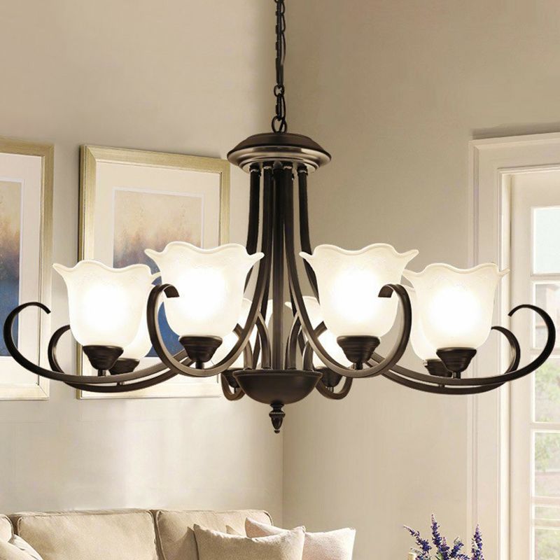 Black Finish Chandelier Lighting Retro Opal Frosted Glass Flower Hanging Light for Living Room