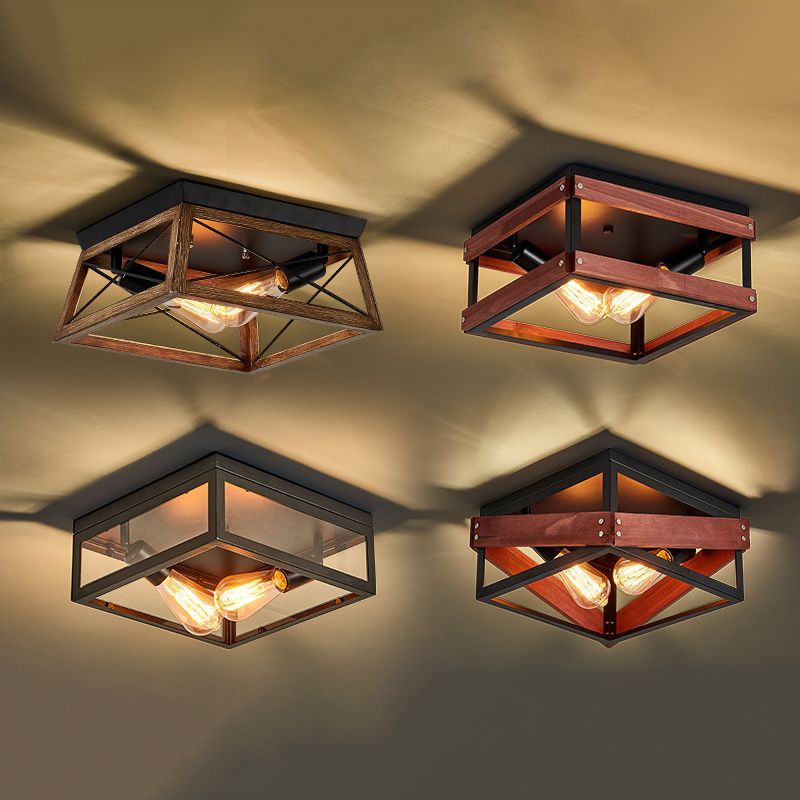 Metal Square Flush Mount Lamp Industrial Style 2 Lights Flush Ceiling Lights