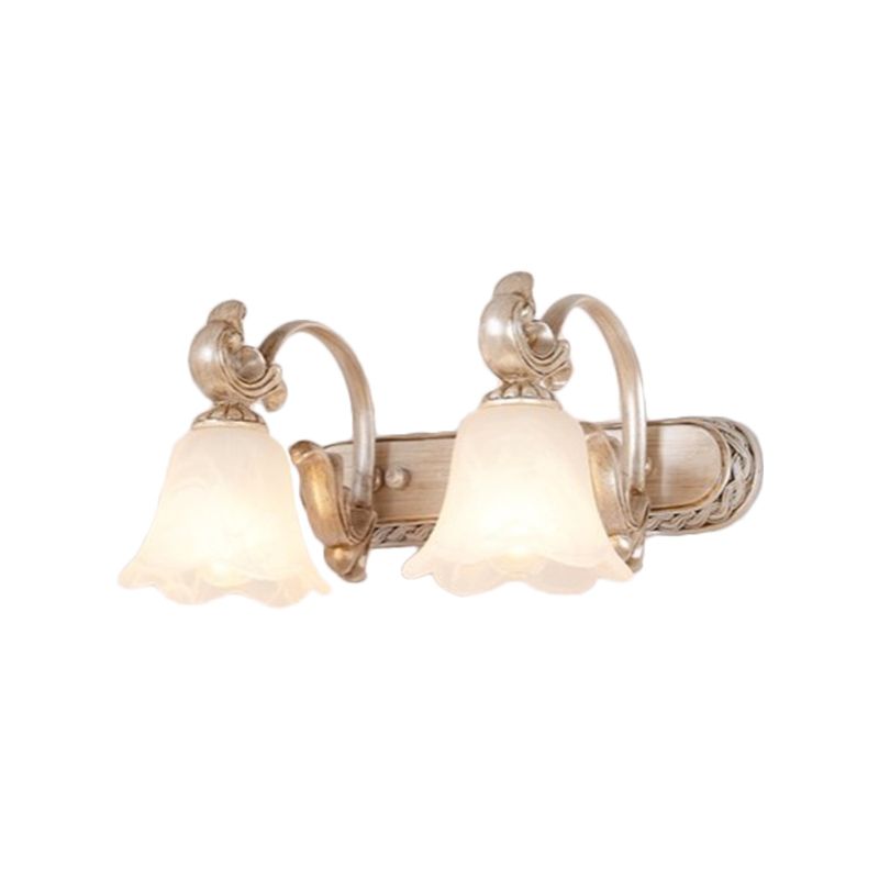 Traditional Flower Shade Vanity Wall Sconce Milk Glass 2/3 Heads Bathroom Wall Light with Curved Arm in Khaki