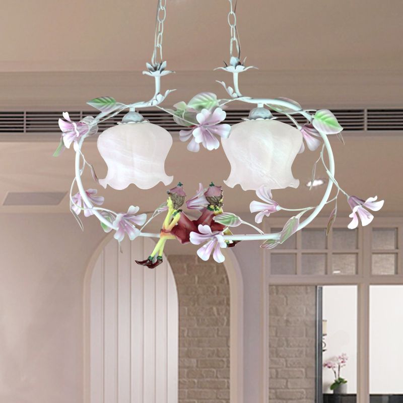 Pink Oval Hanging Chandelier Pastoral White Glass 2 Lights Living Room Ceiling Pendant